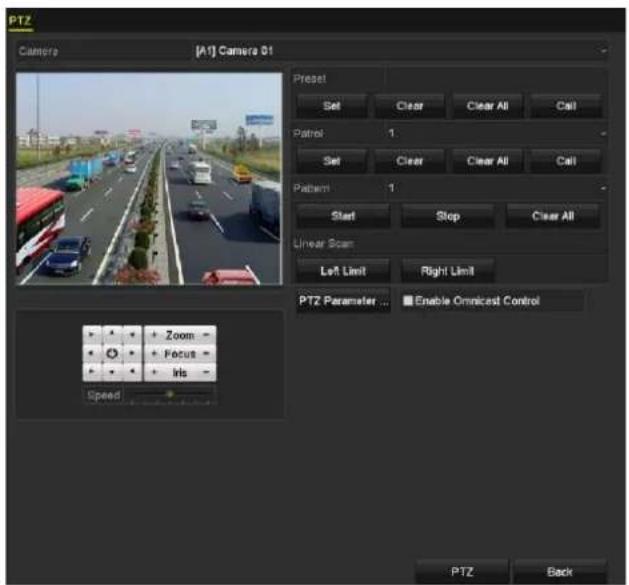 PTZ Camera [A1] Camera 01 Preset Set Clear Clear All Call Patrol 1 Set Clear Clear All Call Pathent 1 Start Stop Clear All Linear Scan Left Limit Right Limit PTZ Parameter ... Enable Omnicest Control Zoom Focus MIs Speed PTZ Back