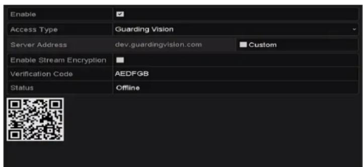 Enable Access Type Guarding Vision Server Address dev.guardingvision.com Custom Enable Stream Encryption Verification Code AEDFGB Status Offline