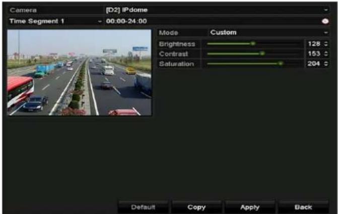 Camera [D2] IPdome Time Segment 1 00:00-24:00 Mode Custom Brightness 128 °C Contrast 153 °C Saturation 204 °C Default Copy Apply Back