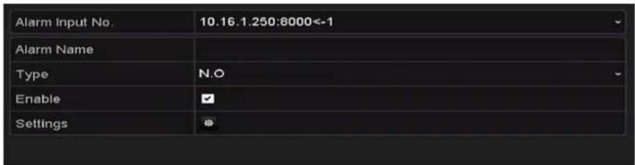 Alarm Input No. 10.16.1.250:8000<-1 Alarm Name Type N.O Enable ✓ Settings ↙