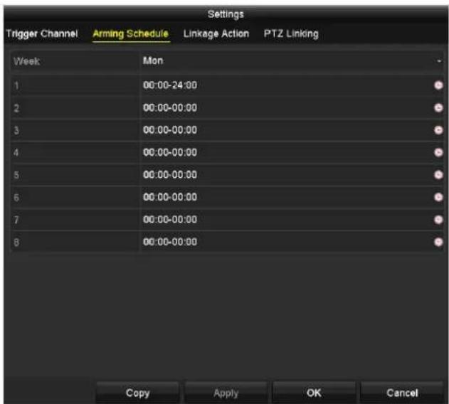 Settings Trigger Channel Arming Schedule Linkage Action PTZ Linking Week Mon 1 00:00-24:00 2 00:00-00:00 3 00:00-00:00 4 00:00-00:00 5 00:00-00:00 6 00:00-00:00 7 00:00-00:00 8 00:00-00:00 Copy Apply OK Cancel