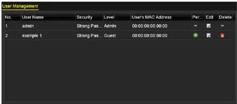 User Management No. User Name Security Level User's MAC Address Per... Edit Delete 1 admin Strong Pas... Admin 00:00:00:00:00:00 - - - 2 example 1 Strong Pas... Guest 00:00:00:00:00:00 ✓ ✓ ✓