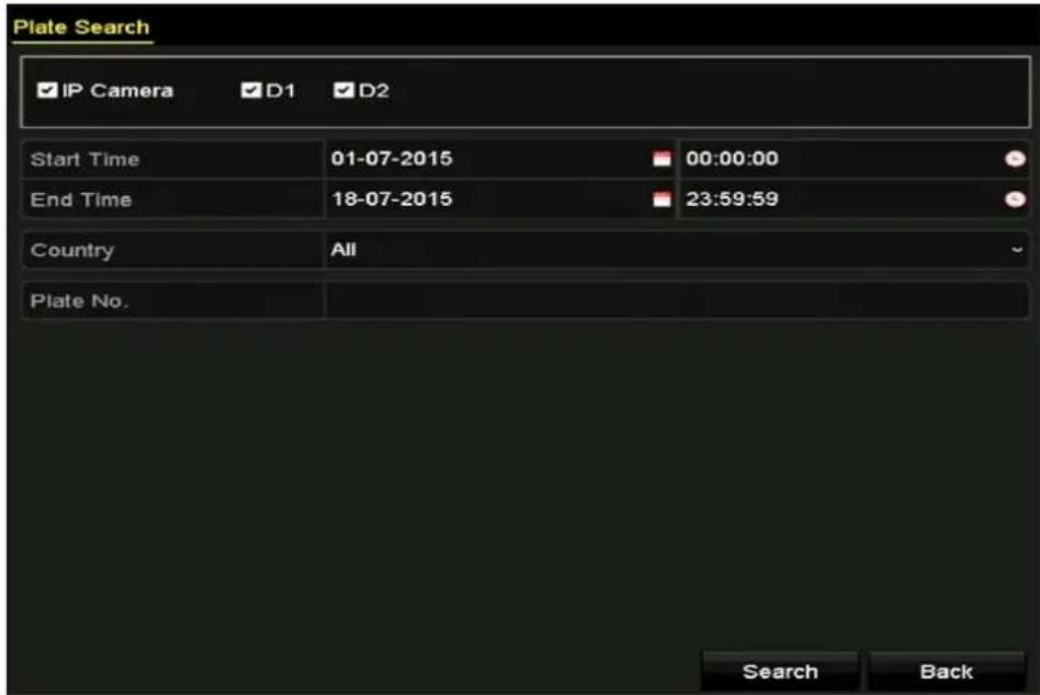 Plate Search IP Camera D1 D2 Start Time 01-07-2015 00:00:00 End Time 18-07-2015 23:59:59 Country All Plate No. Search Back