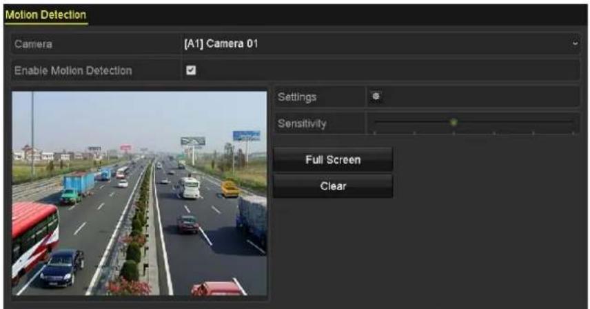 Motion Detection Camera [A1] Camera 01 Enable Motion Detection Settings Sensitivity Full Screen Clear