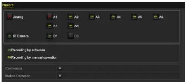 Record Analog A1 A2 A3 A4 A5 A6 IP Camera D1 D2 Recording by schedule Recording by manual operation Continuous Motion Deletion