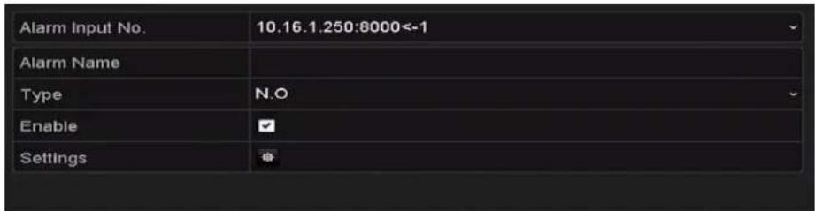 Alarm Input No. 10.16.1.250:8000<-1 Alarm Name Type N.O Enable ✓ Settings ✓