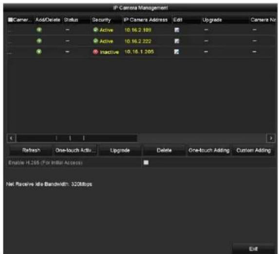 IP Camera Management Camera... Add/Delete Status Security IP Camera Address Edit Upgrade Camera No Active 10.16.2.189 Active 10.16.2.222 Inactive 10.16.1.205 Refresh One-touch Active Upgrade Delete One-touch Adding Custom Adding Enable H.306 (For Initial Access) Net Receive Idle Bandwidth: 320Mbps Edit