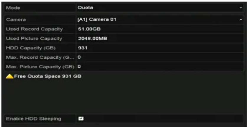 Mode Quota Camera [A1] Camera 01 Used Record Capacity 51.00GB Used Picture Capacity 2048.00MB HDD Capacity (GB) 931 Max. Record Capacity (G... 0 Max. Picture Capacity (GB) 0 ▲ Free Quota Space 931 GB Enable HDD Sleeping