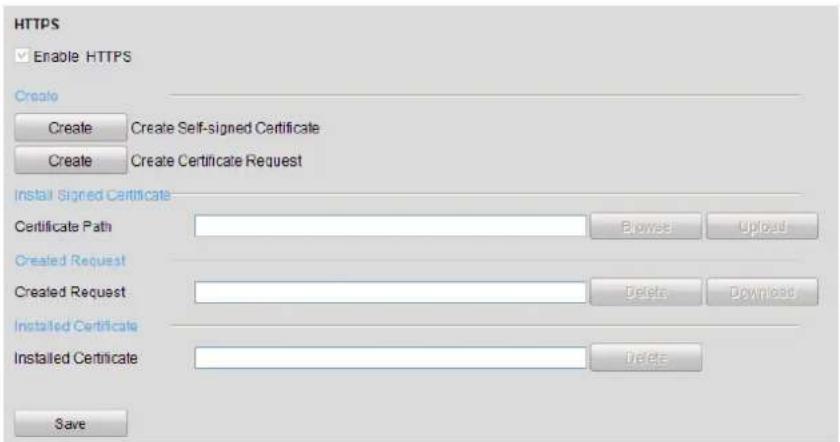HTTPS Enable HTTPS Create Create Self-signed Certificate Create Certificate Request Install Signed Certificate Certificate Path Browse Upload Created Request Created Request Delete Download Installed Certificate Installed Certificate Delete Save