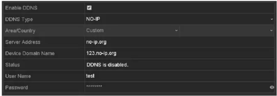 Enable DDNS DDNS Type NO-IP Area/Country Custom Server Address no-ip.org Device Domain Name 123.no-ip.org Status DDNS is disabled. User Name test Password