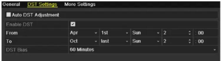 General DST Settings More Settings Auto DST Adjustment Enable DST From Apr 1st Sun 2 : 00 To Oct last Sun 2 : 00 DST Bias 60 Minutes