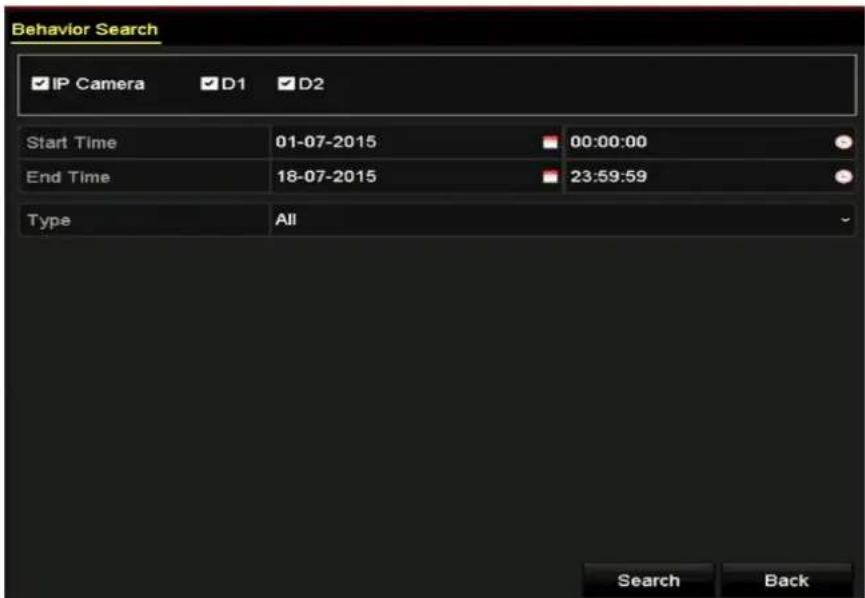 Behavior Search IP Camera D1 D2 Start Time 01-07-2015 00:00:00 End Time 18-07-2015 23:59:59 Type All Search Back