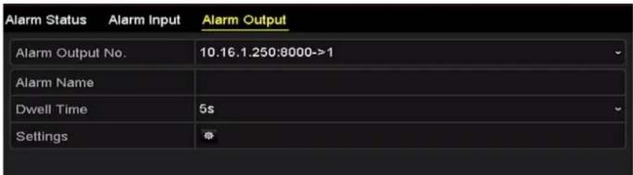 Alarm Status Alarm Input Alarm Output Alarm Output No. 10.16.1.250:8000->1 Alarm Name Dwell Time 5s Settings