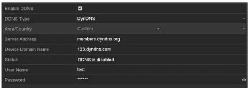 Enable DDNS DDNS Type DynDNS Area/Country Custom Server Address members.dyndns.org Device Domain Name 123.dyndns.com Status DDNS is disabled. User Name test Password ****
