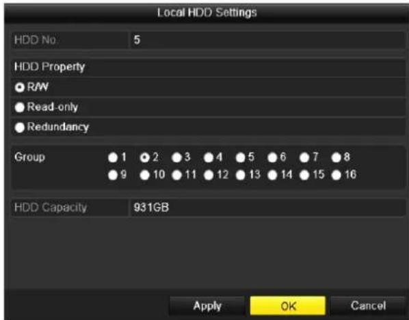 Local HDD Settings HDD No: 5 HDD Property ● RAW ● Read-only ● Redundancy Group 1 2 3 4 5 6 7 8 9 10 11 12 13 14 15 16 HDD Capacity 931GB Apply OK Cancel