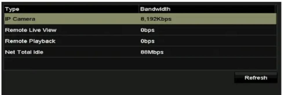 Type IP Camera Remote Live View Remote Playback Net Total Idle Bandwidth 8,192Kbps 0bps 0bps 88Mbps Refresh