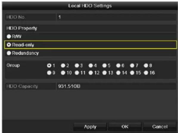 Local HDD Settings HDD No. 1 HDD Property ● R/W ● Read-only ● Redundancy Group ● 1 ● 2 ● 3 ● 4 ● 5 ● 6 ● 7 ● 8 ● 9 ● 10 ● 11 ● 12 ● 13 ● 14 ● 15 ● 16 HDD Capacity 931.51GB Apply OK Cancel