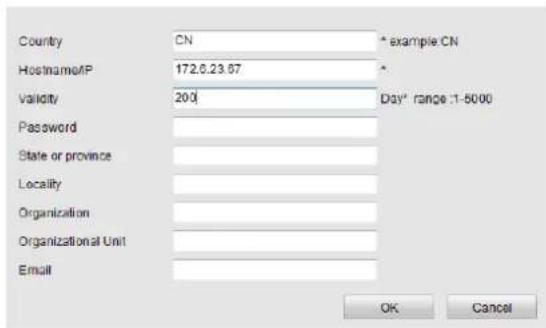 Country CN * example CN Hostname/P 172.6.23.67 * Validity 200 Day* range :1-5000 Password State or province Locality Organization Organizational Unit Email OK Cancel