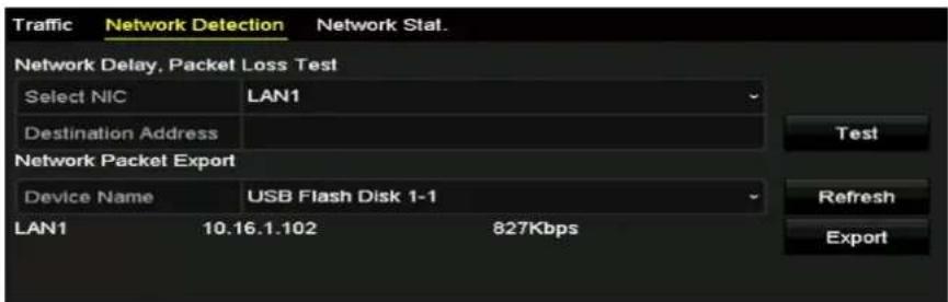Traffic Network Detection Network Stat. Network Delay, Packet Loss Test Select NIC LAN1 Destination Address Network Packet Export Device Name USB Flash Disk 1-1 LAN1 10.16.1.102 827Kbps Test Refresh Export