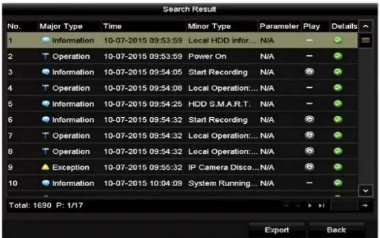 Search Result No. Major Type Time Minor Type Parameter Play Details 1 Information 10-07-2015 09:53:59 Local HDD Infor... N/A 2 Operation 10-07-2015 09:53:59 Power On N/A 3 Information 10-07-2015 09:54:05 Start Recording N/A 4 Operation 10-07-2015 09:54:08 Local Operation... N/A 5 Information 10-07-2015 09:54:25 HDD S.M.A.R.T. N/A 6 Information 10-07-2015 09:54:32 Start Recording N/A 7 Operation 10-07-2015 09:54:32 Local Operation... N/A 8 Operation 10-07-2015 09:54:32 Local Operation... N/A 9 Exception 10-07-2015 09:55:32 IP Camera Disco... N/A 10 Information 10-07-2015 10:04:09 System Running... N/A Total: 1690 P: 1/17 Export Back