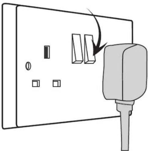 Diagram of a wall-mounted electrical socket with three switches and a power plug, showing no text or symbols.