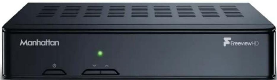 Front view of a black Manhattan FreeviewHD broadband device with indicator lights (no readable text beyond branding)