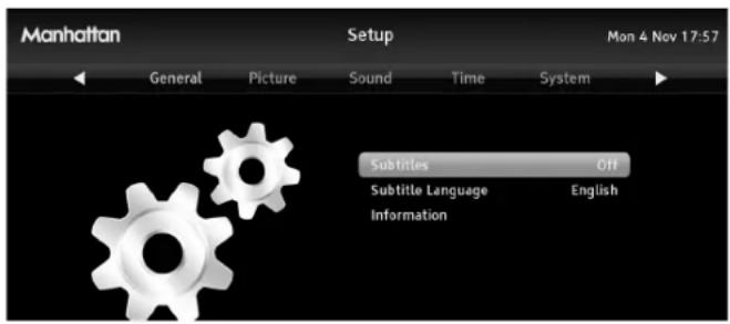 Manhattan Setup Mon 4 Nov 17:57 General Picture Sound Time System Subtitles OFF Subtitle Language English Information