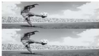 Two black-and-white photos showing a person kicking a soccer ball on grass, with sky and clouds in the background (no text or symbols).