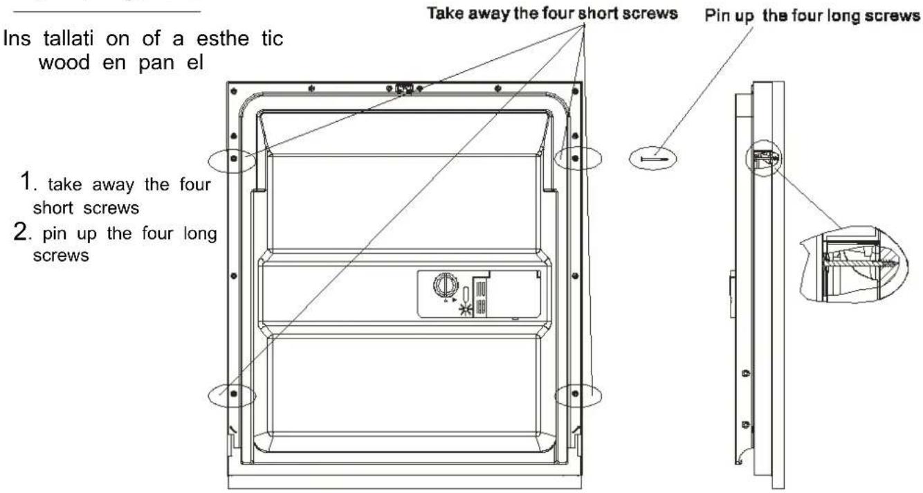 Ins tallati on of a esthe tic wood en pan el Take away the four short screws Pin up the four long screws 1. take away the four short screws 2. pin up the four long screws