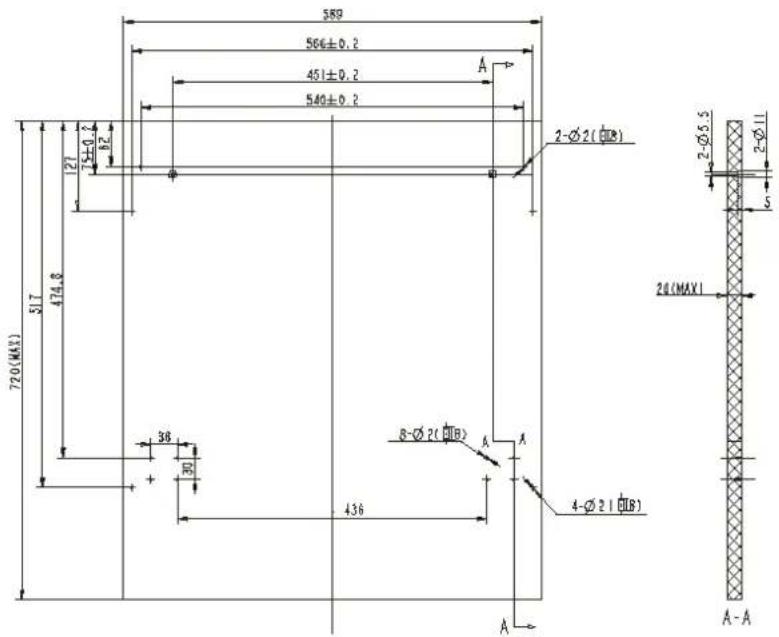589 566±0.2 451±0.2 540±0.2 A 127 24±0.4 82 720(MX1) 517 474.8 36 30 436 2-Ø2(∅B) 2-Ø5.5 2-Ø11 26(MAX1) 8-Ø2(∅B) A A 4-Ø2(∅B) A-A