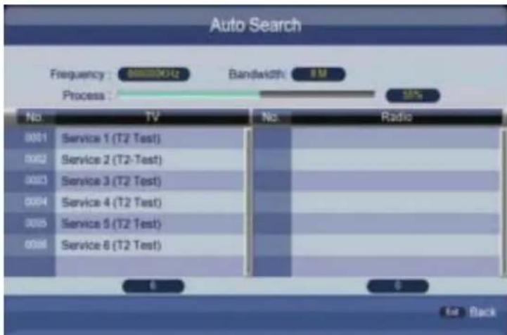 Auto Search Frequency: 888000Hz Bandwidth: 8 M Process: No. TV No. Radio 0001 Service 1 (T2 Test) 0002 Service 2 (T2-Test) 0003 Service 3 (T2 Test) 0004 Service 4 (T2 Test) 0005 Service 5 (T2 Test) 0006 Service 6 (T2 Test) 6 6 Eat Back