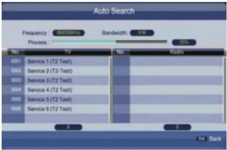 Auto Search Frequency: 880000Hz Bandwidth: 8 M Process: 5% No. TV No. Radio 0001 Service 1 (T2 Test) Service 2 (T2 Test) Service 3 (T2 Test) Service 4 (T2 Test) Service 5 (T2 Test) Service 6 (T2 Test) 6 6 to Back