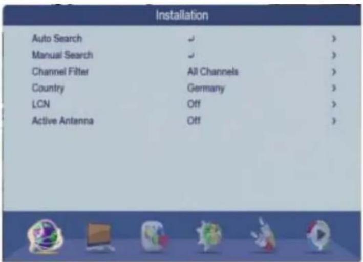 Installation Auto Search Manual Search Channel Filter Country LCN Active Antenna