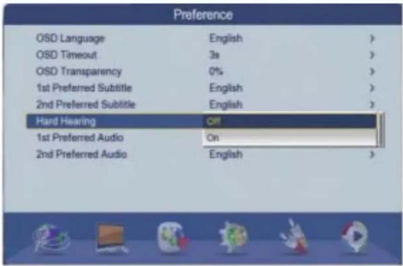 Preference OSD Language English > OSD Timeout 3s > OSD Transparency 0% > 1st Preferred Subtitle English > 2nd Preferred Subtitle English > Hard Hearing Off 1st Preferred Audio On 2nd Preferred Audio English >