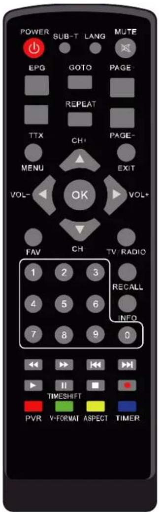POWER SUB-T LANG MUTE EPG GOTO PAGE- REPEAT TTX CH+ PAGE- MENU EXIT VOL- OK VOL+ FAV CH TV/RADIO 1 2 3 4 5 6 7 8 9 0 RECALL INFO TIMESHIFT PVR V-FORMAT ASPECT TIMER