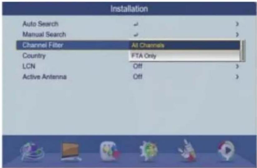 Installation Auto Search > Manual Search > Channel Filter All Channels Country FTA Only LCN Off > Active Antenna Off >