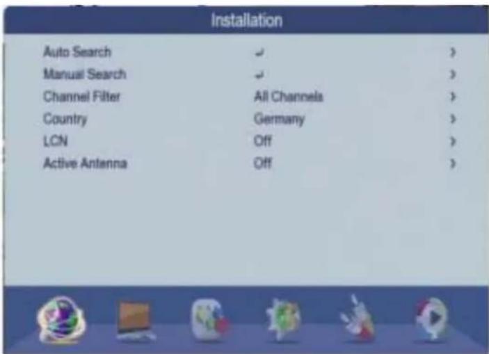 Installation Auto Search Manual Search Channel Filter Country LCN Active Antenna