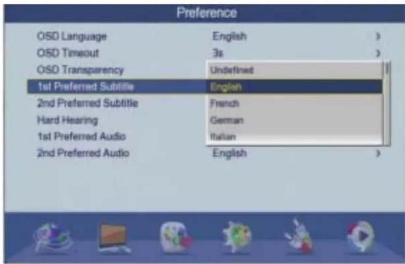 Preference OSO Language English > OSO Timeout 3s > OSO Transparency Undefined 1st Preferred Subtitle English 2nd Preferred Subtitle French Hard Hearing German 1st Preferred Audio Italian 2nd Preferred Audio English >