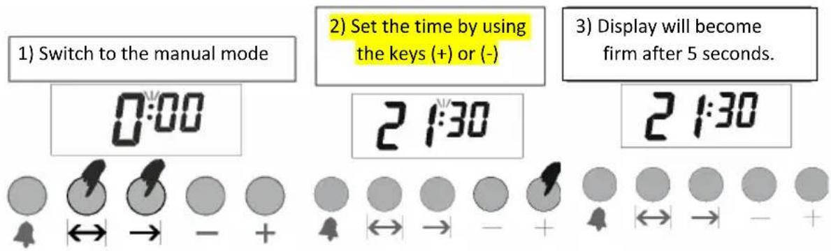 1) Switch to the manual mode 0:00 2) Set the time by using the keys (+) or (-) 2 1:30 3) Display will become firm after 5 seconds. 2 1:30
