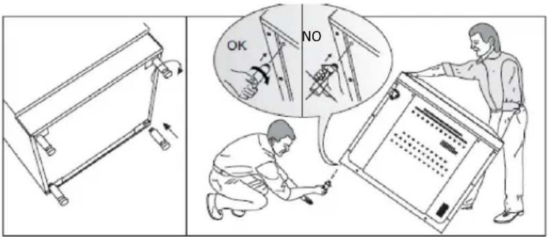Technical diagram illustrating a mechanical assembly process with labeled states (OK, NO) and a technician inspecting components.