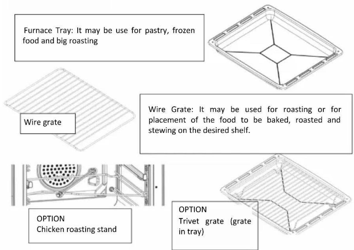 Furnace Tray: It may be use for pastry, frozen food and big roasting Wire grate Wire Grate: It may be used for roasting or for placement of the food to be baked, roasted and stewing on the desired shelf. OPTION Chicken roasting stand OPTION Trivet grate (grate in tray)