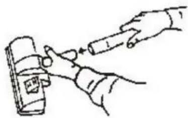 Hand-drawn diagram showing a hand holding a pen and measuring a bottle with a label, likely illustrating a procedure or measurement.