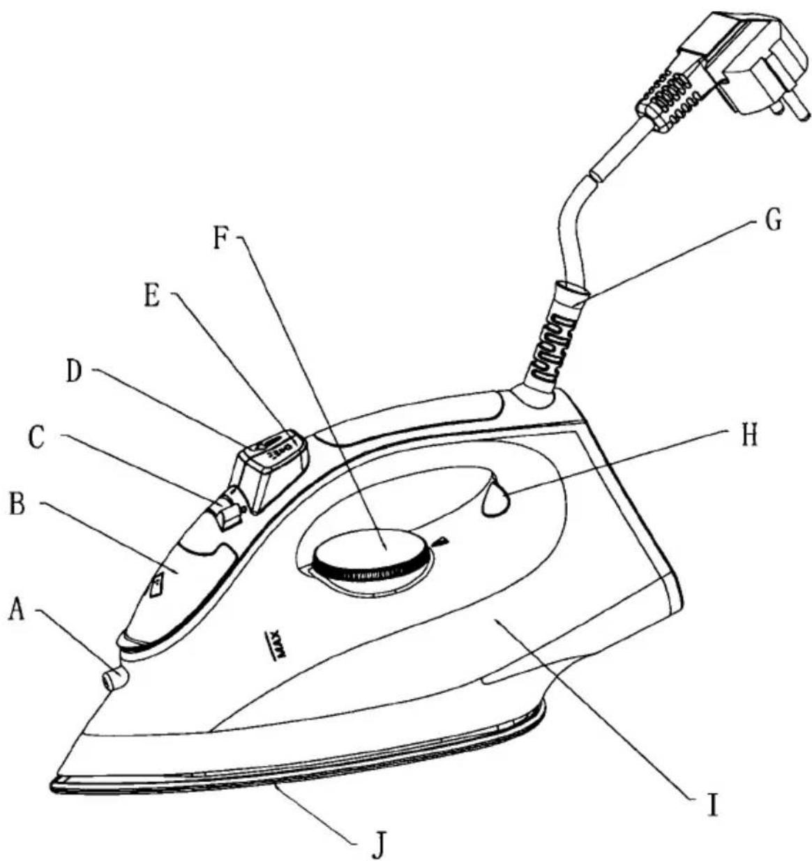 Technical diagram of a steam iron with labeled parts from A to J, including a pressure gauge and heating element.
