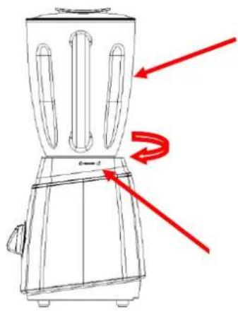 Technical diagram of a blender with red arrows indicating rotation direction and label 'C' at the base.