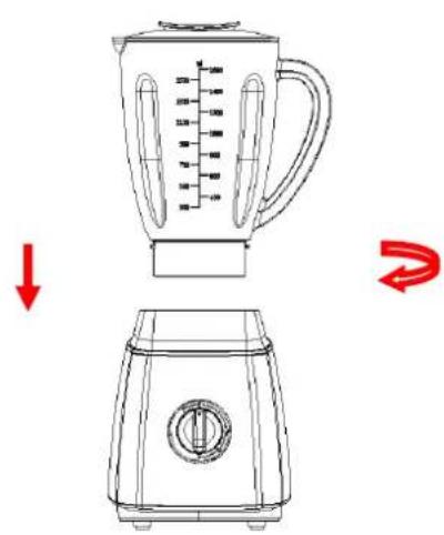 Diagram showing a blender with measurement scale and a side view of its kitchen appliance, illustrating the process from lifting to rotating.