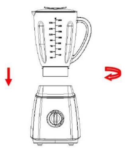 Diagram showing a blender with volume measurement and a side view of its kitchen appliance, illustrating the process from lifting to rotating.