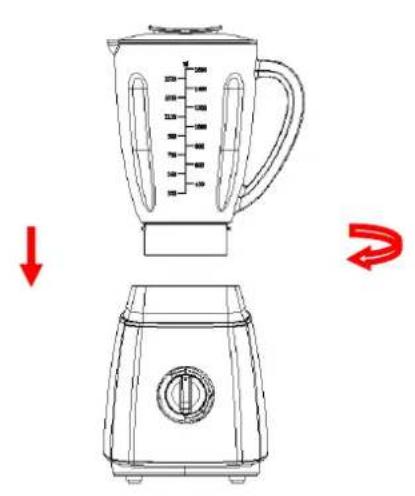 Diagram showing a blender with volume measurement and a side-view view of its interior, illustrating the process from lifting to rotating.