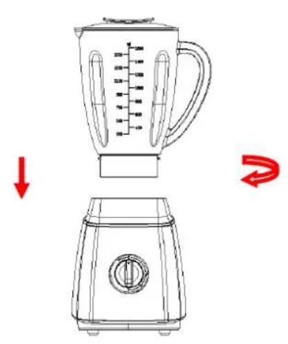 Diagram showing a blender with volume measurement and a side view of its front view, illustrating the process from downward to right.