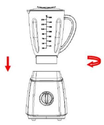 Diagram showing a blender with volume measurement and a side view of its base, illustrating the process from lifting to rotating.