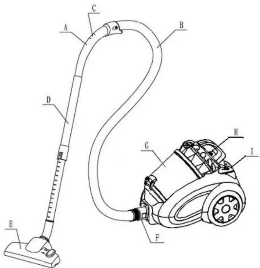Technical diagram of a vacuum cleaner with labeled parts A through H, including a close-up view of the device.